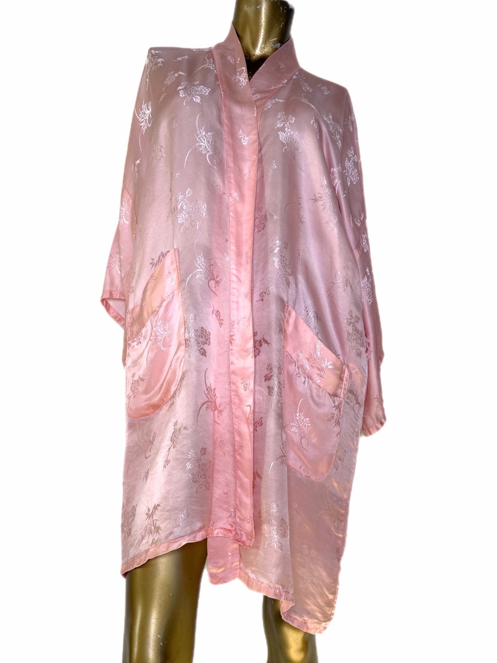 100% Silk Jacquard Vintage Longevity Pink Chinese Robe Floral Lounge Robe L